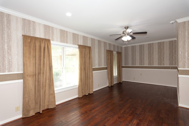 1404 Pearl Cv, Round Rock, TX 78681 - empty room featuring wallpapered walls, ceiling fan, hardwood / wood-style flooring, ornamental molding, and a smoke detector