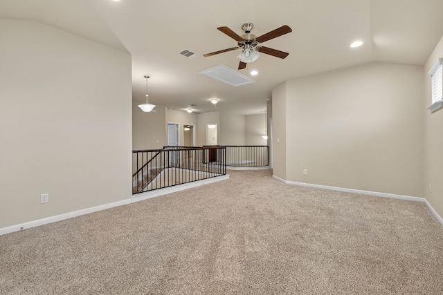 605 Joppa Rd, Leander, TX 78641 - carpeted spare room with attic access, a ceiling fan, vaulted ceiling, and recessed lighting