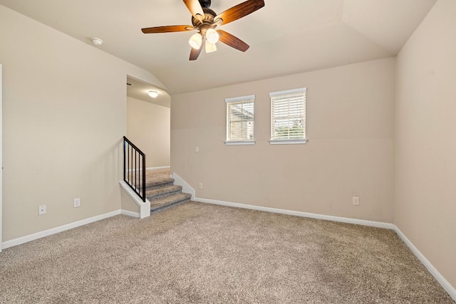 605 Joppa Rd, Leander, TX 78641 - unfurnished room featuring lofted ceiling, carpet flooring, a ceiling fan, and stairs