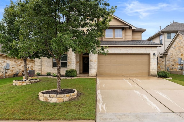 605 Joppa Rd, Leander, TX 78641 - view of front of house with stone siding, concrete driveway, a front yard, and a garage