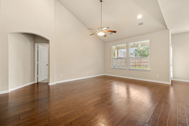 605 Joppa Rd, Leander, TX 78641 - spare room featuring ceiling fan, dark wood-style floors, arched walkways, high vaulted ceiling, and recessed lighting