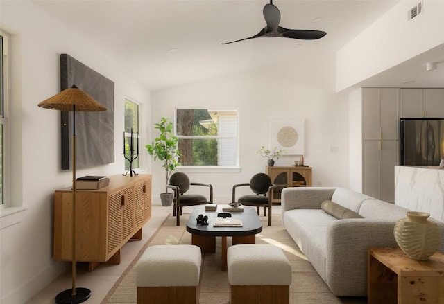1206 Cloverleaf Dr, Austin, TX 78723 - living area featuring a ceiling fan and lofted ceiling