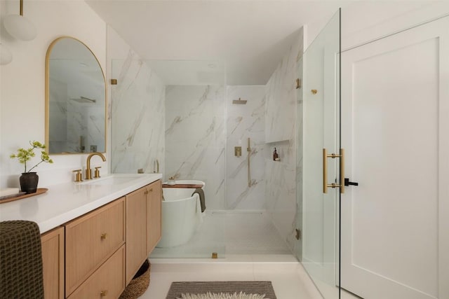 1206 Cloverleaf Dr, Austin, TX 78723 - full bath with vanity, a marble finish shower, and a soaking tub