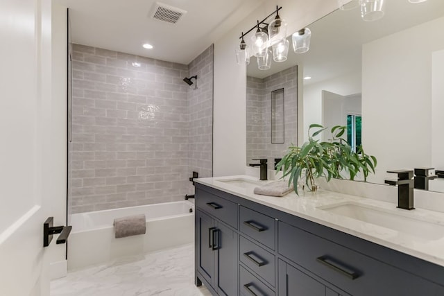3104 Mistyglen Cir, Austin, TX 78746 - bathroom with bathtub / shower combination, double vanity, marble finish floors, and recessed lighting
