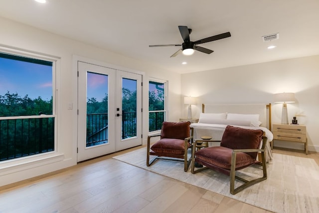 3104 Mistyglen Cir, Austin, TX 78746 - bedroom with french doors, access to outside, light wood-type flooring, recessed lighting, and a ceiling fan