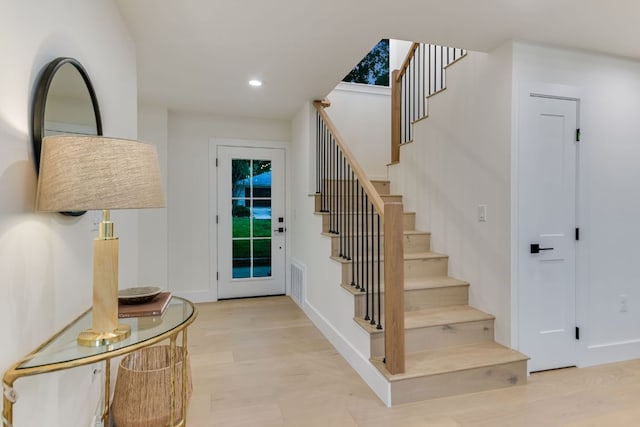 3104 Mistyglen Cir, Austin, TX 78746 - foyer entrance with stairway, recessed lighting, and light wood-type flooring