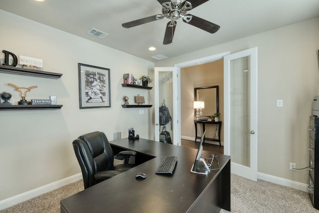 2336 Centennial Loop, Round Rock, TX 78665 - home office featuring a ceiling fan, carpet, and recessed lighting
