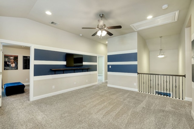 2336 Centennial Loop, Round Rock, TX 78665 - spare room featuring attic access, a ceiling fan, carpet floors, vaulted ceiling, and recessed lighting