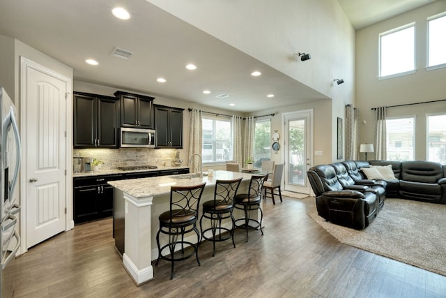 2336 Centennial Loop, Round Rock, TX 78665 - kitchen with stainless steel appliances, open floor plan, plenty of natural light, a kitchen bar, and recessed lighting