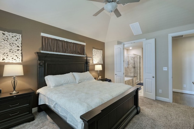 2336 Centennial Loop, Round Rock, TX 78665 - bedroom featuring carpet flooring, lofted ceiling, a ceiling fan, and connected bathroom