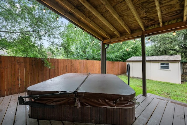 16504 Jadestone Dr, Leander, TX 78641 - wooden terrace with a hot tub and an outbuilding