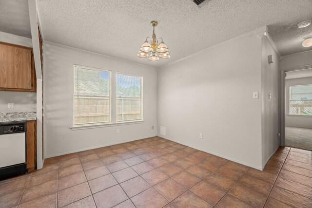 1625 Sylvia Ct, Round Rock, TX 78681 - unfurnished dining area featuring ornamental molding, a chandelier, a textured ceiling, and light tile patterned flooring