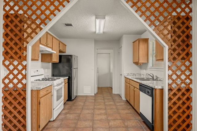 1625 Sylvia Ct, Round Rock, TX 78681 - kitchen with white appliances, under cabinet range hood, light countertops, and a textured ceiling