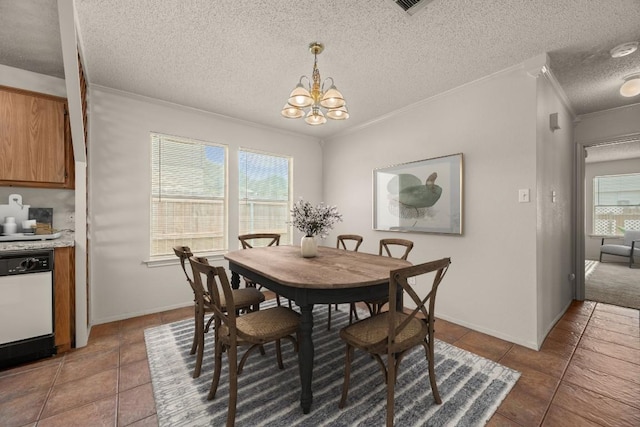 1625 Sylvia Ct, Round Rock, TX 78681 - dining room featuring crown molding, healthy amount of natural light, a chandelier, light tile patterned floors, and a textured ceiling