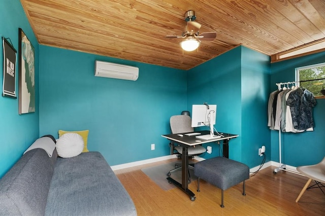 5725 Toscana Ave, Austin, TX 78724 - office area featuring an AC wall unit, wooden ceiling, wood finished floors, and a ceiling fan