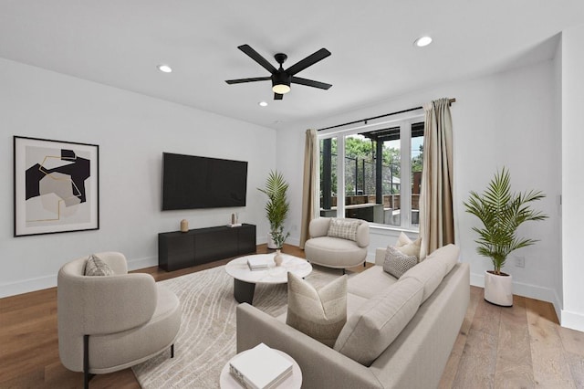 504 Normandy St Unit A, Austin, TX 78745 - living room featuring wood finished floors, recessed lighting, and a ceiling fan