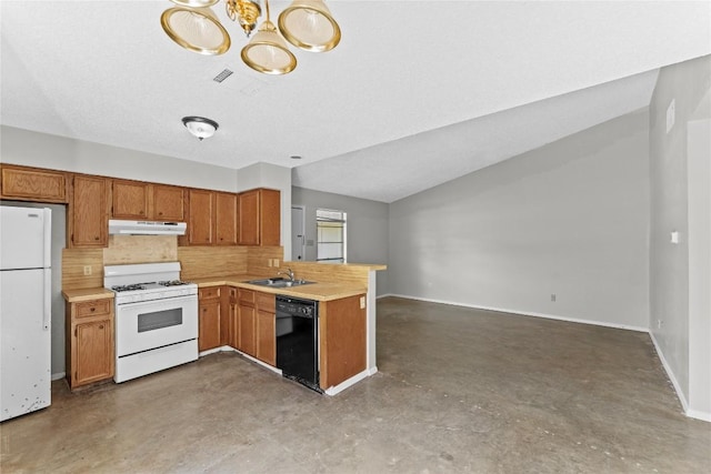 6201 Berkett Cv, Austin, TX 78745 - kitchen featuring white appliances, under cabinet range hood, finished concrete floors, a peninsula, and light countertops