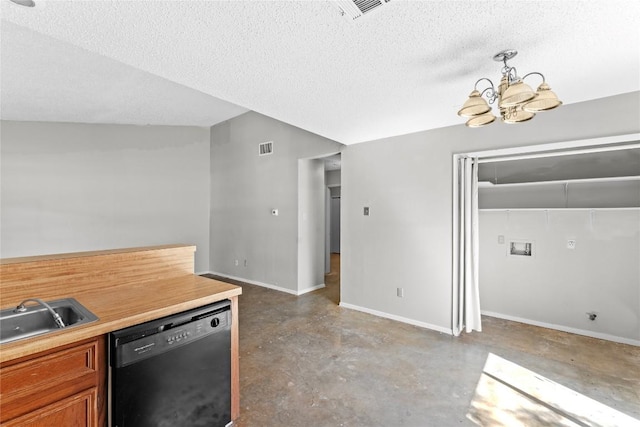 6201 Berkett Cv, Austin, TX 78745 - kitchen featuring black dishwasher, concrete floors, a textured ceiling, a chandelier, and brown cabinets