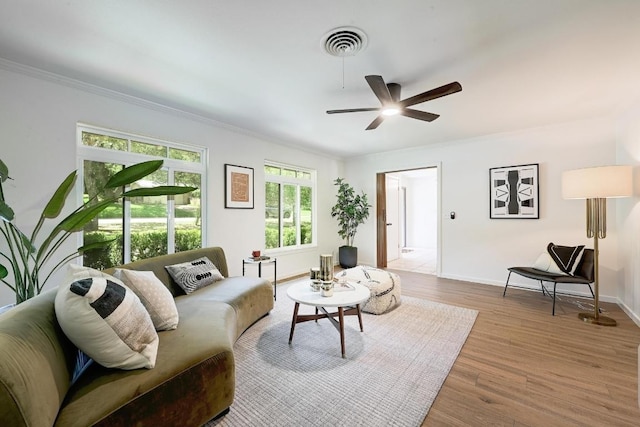 5912 Highland Hills Dr, Austin, TX 78731 - living room featuring ornamental molding, light wood finished floors, and ceiling fan