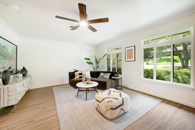 5912 Highland Hills Dr, Austin, TX 78731 - living room featuring ornamental molding, light wood finished floors, and ceiling fan