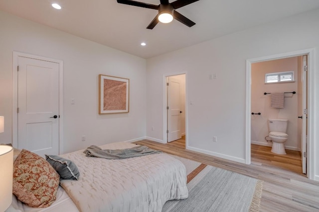 815 Fir Ln, Lockhart, TX 78644 - bedroom featuring light wood-type flooring, recessed lighting, ensuite bath, and ceiling fan