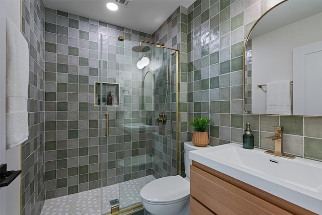 6209 Waycross Dr, Austin, TX 78745 - full bathroom with vanity, tiled shower, tile walls, and backsplash