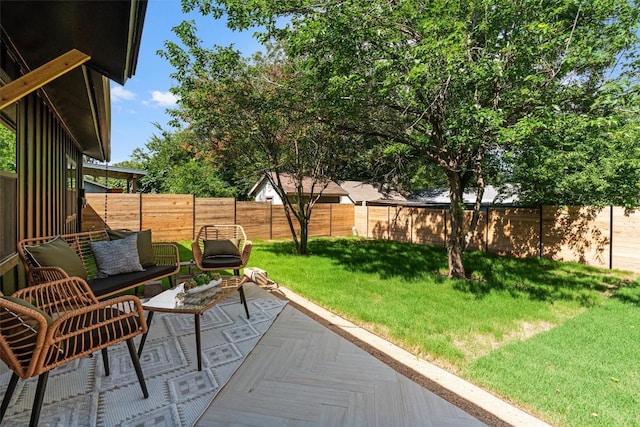 6209 Waycross Dr, Austin, TX 78745 - fenced backyard featuring outdoor lounge area and a patio