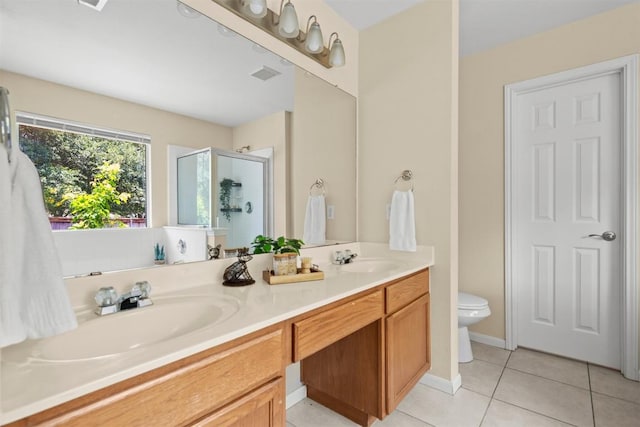 301 River Crossing Trl, Round Rock, TX 78665 - bathroom with a stall shower, tile patterned floors, and double vanity