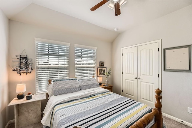18920 Still Pond Rd, Pflugerville, TX 78660 - bedroom with a closet, vaulted ceiling, carpet flooring, and a ceiling fan