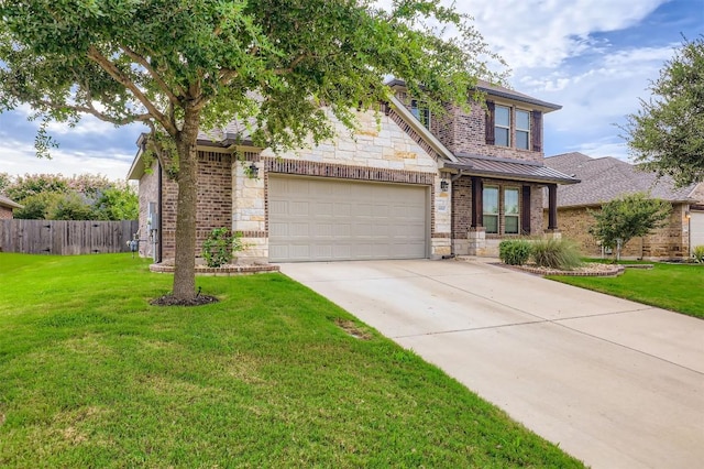 18920 Still Pond Rd, Pflugerville, TX 78660 - view of front of property featuring a standing seam roof, brick siding, concrete driveway, stone siding, and a metal roof