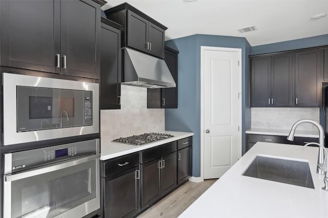 807 Arrowhead Ranch Blvd, Dripping Springs, TX 78620 - kitchen featuring under cabinet range hood, stainless steel appliances, light countertops, light wood-style floors, and decorative backsplash