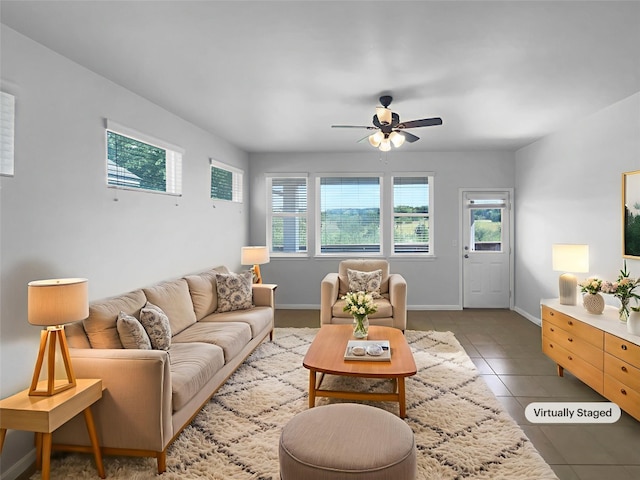 312 La Escalera Dr, Leander, TX 78641 - living area featuring a ceiling fan and light tile patterned flooring