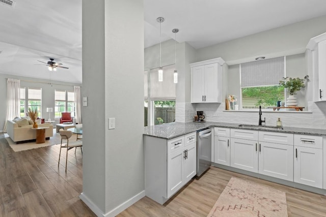 2134 Cervin Blvd, Austin, TX 78728 - kitchen with stainless steel dishwasher, tasteful backsplash, a ceiling fan, and white cabinetry