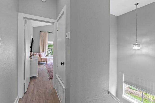 2134 Cervin Blvd, Austin, TX 78728 - hall with a chandelier, wood finished floors, and a textured wall