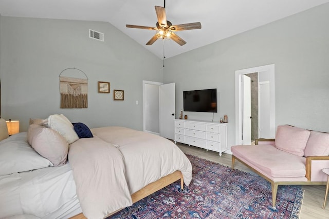 2134 Cervin Blvd, Austin, TX 78728 - bedroom with wood finished floors, high vaulted ceiling, and ceiling fan