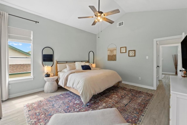 2134 Cervin Blvd, Austin, TX 78728 - bedroom with wood finished floors, high vaulted ceiling, and ceiling fan