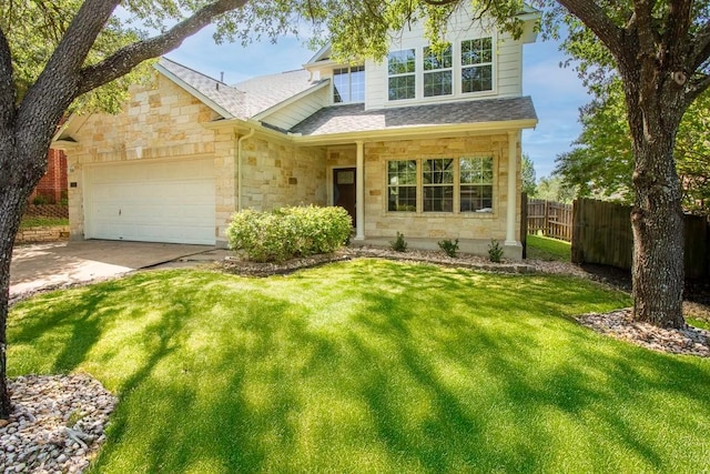 13305 Teton Ridge Cv, Austin, TX 78727 - view of front of house featuring stone siding, concrete driveway, an attached garage, and a shingled roof