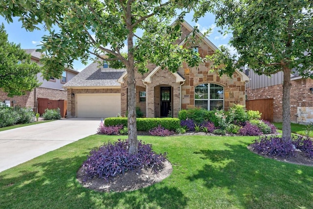 104 Atlanta Park Dr, Georgetown, TX 78628 - view of front of house with an attached garage, concrete driveway, roof with shingles, stone siding, and brick siding