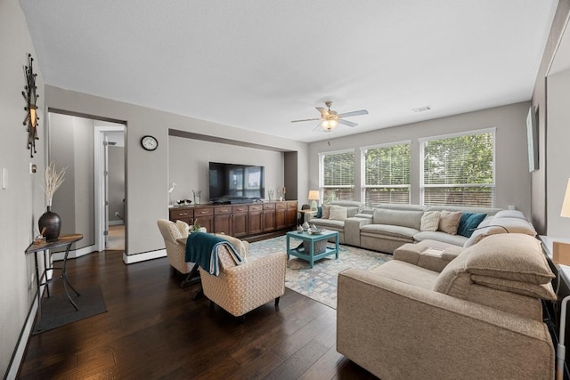 104 Atlanta Park Dr, Georgetown, TX 78628 - living room featuring dark wood-style flooring and ceiling fan