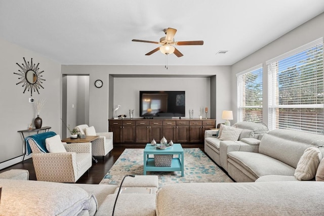 104 Atlanta Park Dr, Georgetown, TX 78628 - living room featuring a ceiling fan and dark wood-style floors