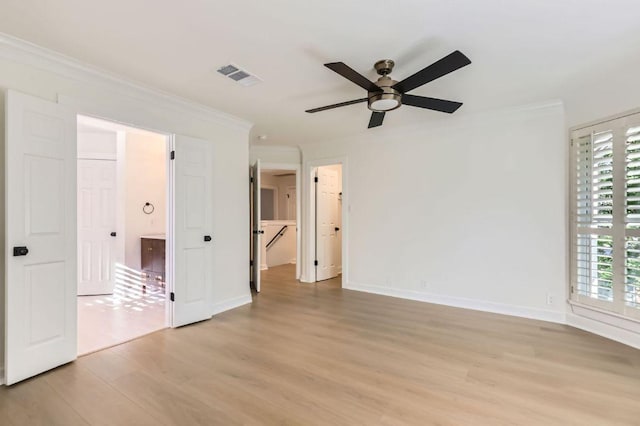 11108 Brista Way, Austin, TX 78726 - unfurnished bedroom with ornamental molding, light wood-type flooring, ensuite bathroom, and ceiling fan