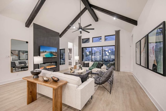 19125 Hopper Ln, Austin, TX 78738 - living room featuring light wood-style floors, high vaulted ceiling, beamed ceiling, a fireplace, and ceiling fan