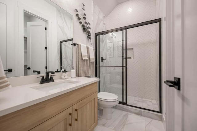 19125 Hopper Ln, Austin, TX 78738 - bathroom featuring vanity, marble look tiles, and a shower stall