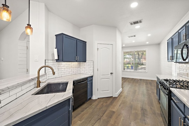 2208 Drue Ln, Cedar Park, TX 78613 - kitchen with black appliances, tasteful backsplash, light stone counters, blue cabinetry, and recessed lighting
