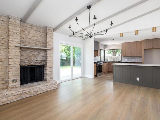 5314 Presidio Rd, Austin, TX 78745 - kitchen featuring stainless steel electric range oven, open floor plan, beamed ceiling, decorative backsplash, and light wood-type flooring