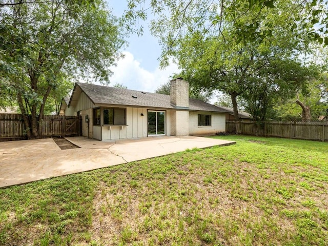 5314 Presidio Rd, Austin, TX 78745 - rear view of house featuring a patio area, board and batten siding, a chimney, a fenced backyard, and roof with shingles