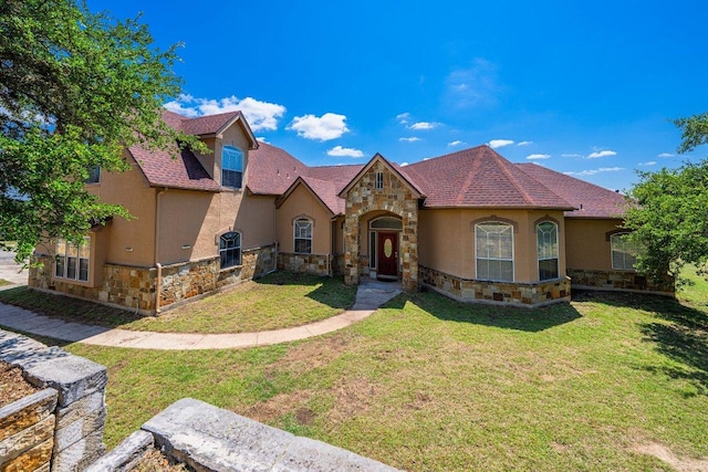 106 Mesquite Trl, Boerne, TX 78006 - view of front of property with stone siding, stucco siding, and a front lawn