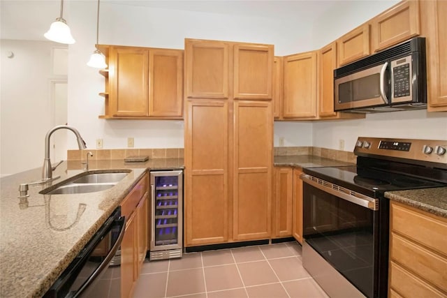611 E 45th St Unit 8, Austin, TX 78751 - kitchen with stainless steel appliances, beverage cooler, light tile patterned flooring, stone countertops, and open shelves