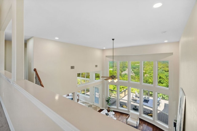 7204 Covered Bridge Dr, Austin, TX 78736 - hallway with healthy amount of natural light, recessed lighting, a high ceiling, and dark wood-style floors