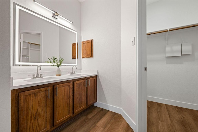 608 Timothy John Dr, Pflugerville, TX 78660 - bathroom featuring double vanity, wood finished floors, and a walk in closet
